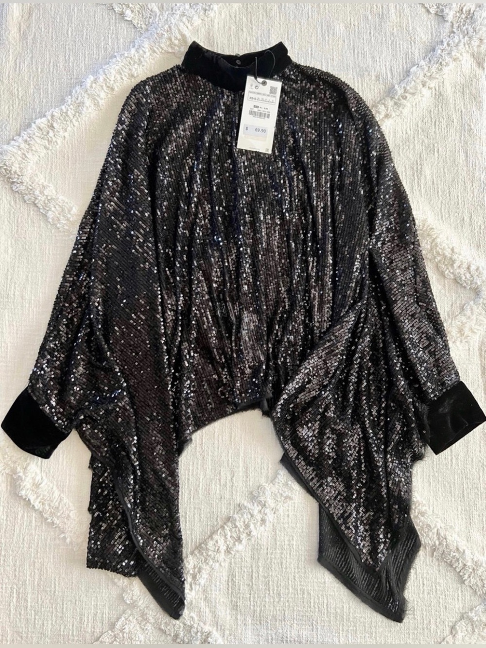 Women's Black Sequin Draped Sweater - Designer